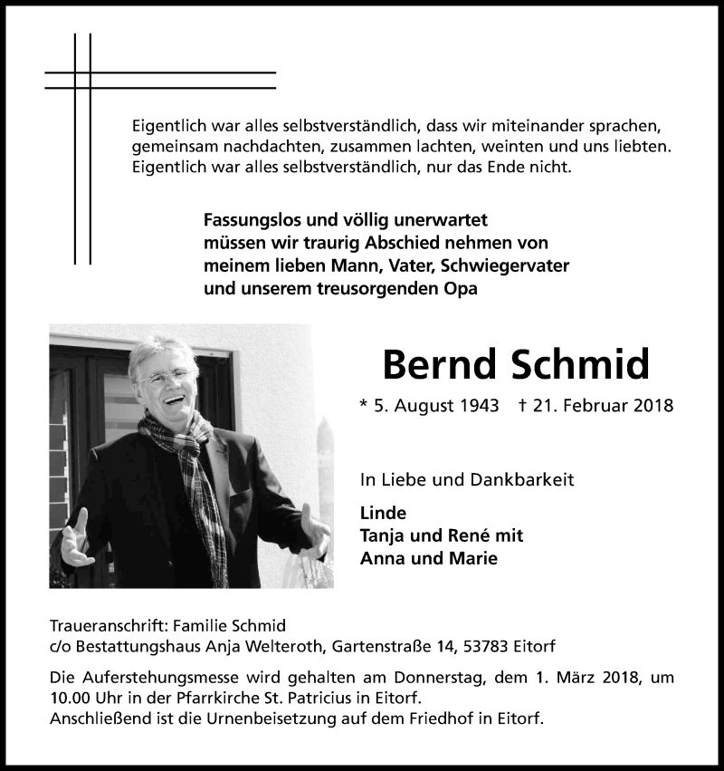  Traueranzeige für Bernd Schmid vom 24.02.2018 aus Kölner Stadt-Anzeiger / Kölnische Rundschau / Express