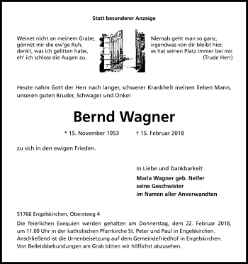 Anzeige von Bernd Wagner von Kölner Stadt-Anzeiger / Kölnische Rundschau / Express