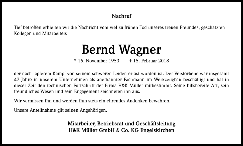  Traueranzeige für Bernd Wagner vom 21.02.2018 aus Kölner Stadt-Anzeiger / Kölnische Rundschau / Express