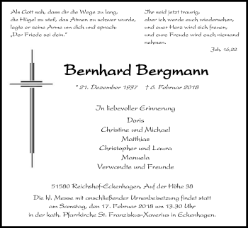 Anzeige von Bernhard Bergmann von Kölner Stadt-Anzeiger / Kölnische Rundschau / Express
