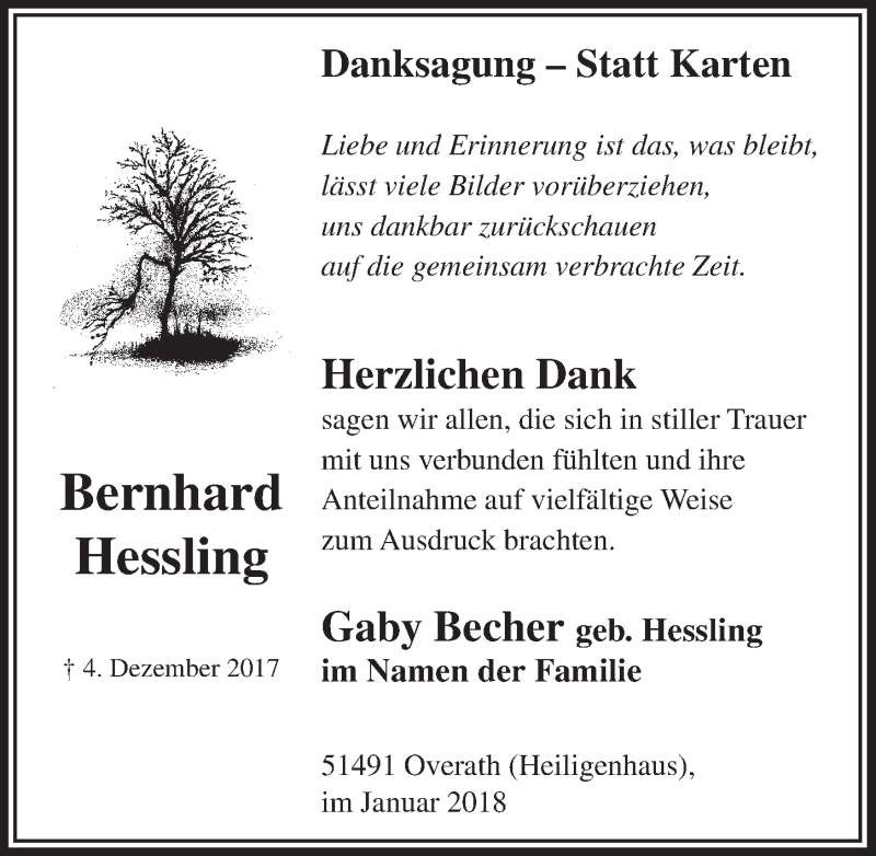 Traueranzeige für Bernhard Hessling vom 03.02.2018 aus  Bergisches Sonntagsblatt 