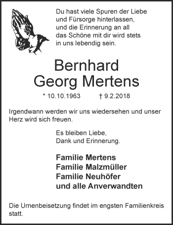 Anzeige von Bernhard Georg Mertens von  Kölner Wochenspiegel 