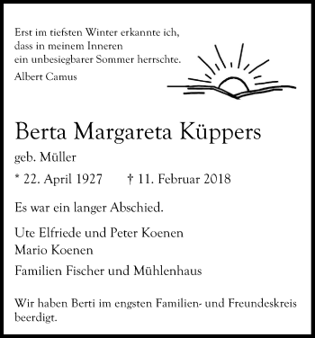 Anzeige von Berta Margareta Küppers von Kölner Stadt-Anzeiger / Kölnische Rundschau / Express