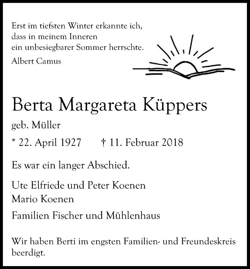  Traueranzeige für Berta Margareta Küppers vom 24.02.2018 aus Kölner Stadt-Anzeiger / Kölnische Rundschau / Express