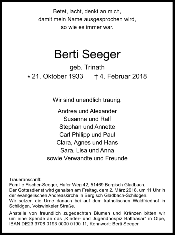 Anzeige von Berti Seeger von Kölner Stadt-Anzeiger / Kölnische Rundschau / Express