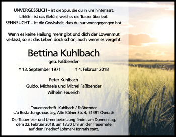 Anzeige von Bettina Kuhlbach von Kölner Stadt-Anzeiger / Kölnische Rundschau / Express