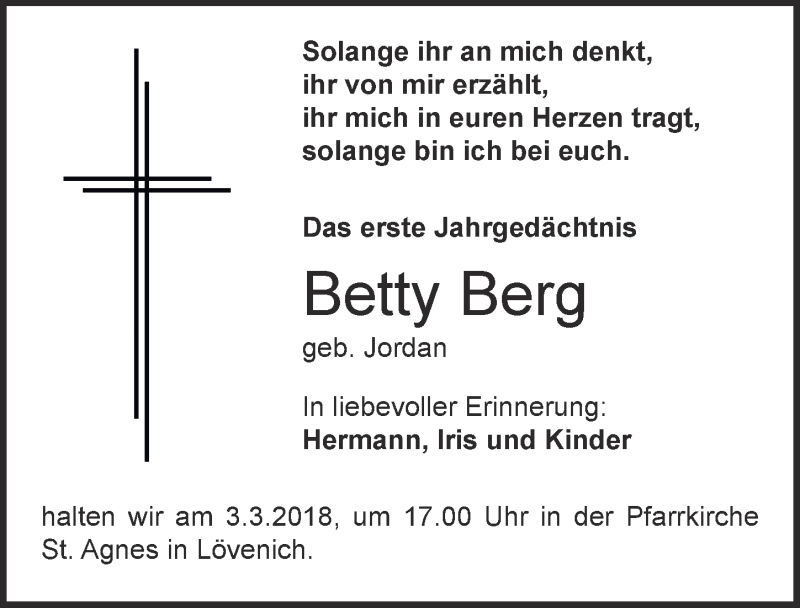  Traueranzeige für Betty Berg vom 24.02.2018 aus  Blickpunkt Euskirchen 