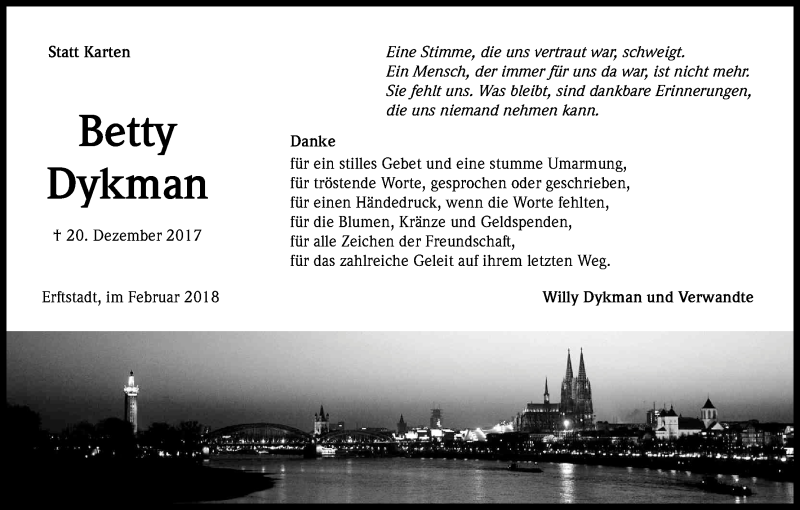  Traueranzeige für Betty Dykman vom 24.02.2018 aus Kölner Stadt-Anzeiger / Kölnische Rundschau / Express