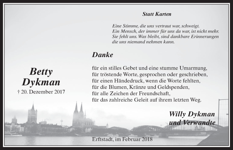  Traueranzeige für Betty Dykman vom 28.02.2018 aus  Werbepost 