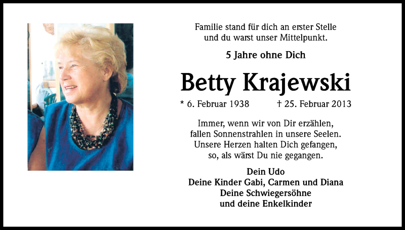  Traueranzeige für Betty Krajewski vom 24.02.2018 aus Kölner Stadt-Anzeiger / Kölnische Rundschau / Express