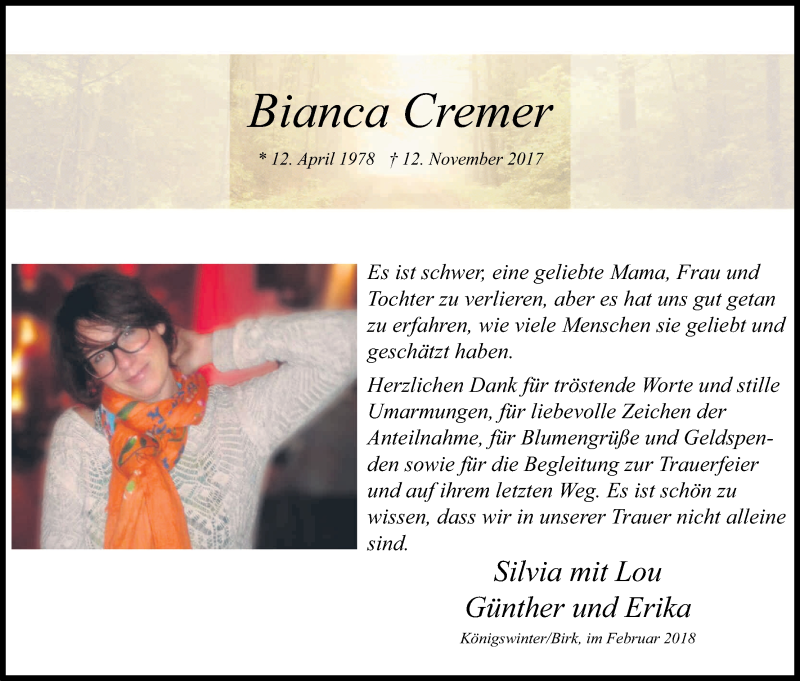  Traueranzeige für Bianca Cremer vom 03.02.2018 aus Kölner Stadt-Anzeiger / Kölnische Rundschau / Express