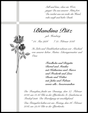 Anzeige von Blandina Pütz von Kölner Stadt-Anzeiger / Kölnische Rundschau / Express