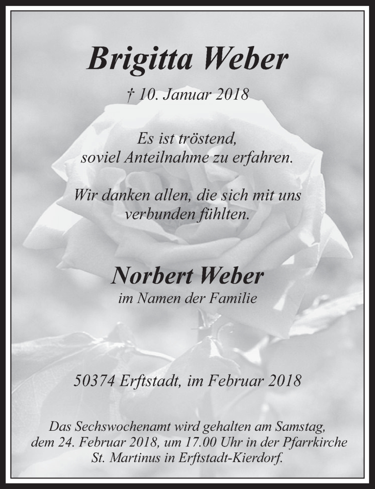  Traueranzeige für Brigitta Weber vom 21.02.2018 aus  Werbepost 
