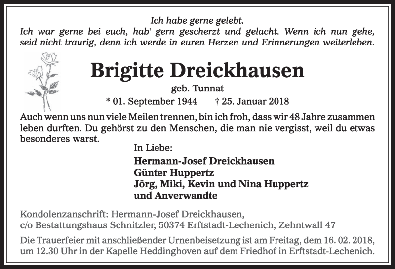  Traueranzeige für Brigitte Dreickhausen vom 03.02.2018 aus  Sonntags-Post 
