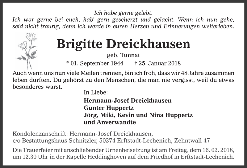  Traueranzeige für Brigitte Dreickhausen vom 07.02.2018 aus  Werbepost 