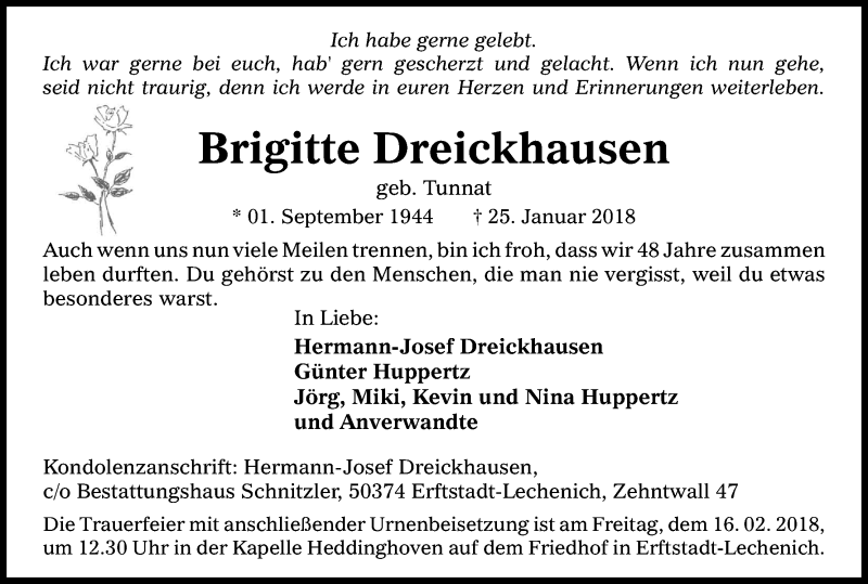  Traueranzeige für Brigitte Dreickhausen vom 03.02.2018 aus Kölner Stadt-Anzeiger / Kölnische Rundschau / Express