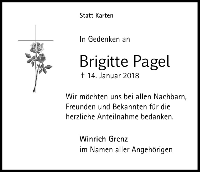  Traueranzeige für Brigitte Pagel vom 10.02.2018 aus Kölner Stadt-Anzeiger / Kölnische Rundschau / Express