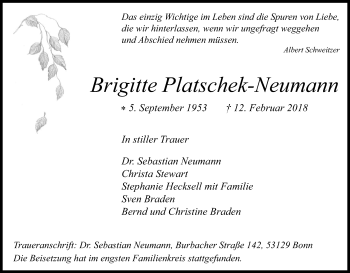 Anzeige von Brigitte Platschek-Neumann von Kölner Stadt-Anzeiger / Kölnische Rundschau / Express