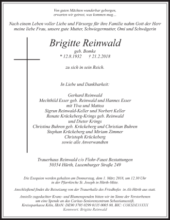 Anzeige von Brigitte Reinwald von  Wochenende 