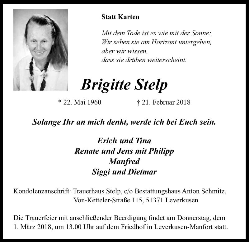  Traueranzeige für Brigitte Stelp vom 27.02.2018 aus Kölner Stadt-Anzeiger / Kölnische Rundschau / Express