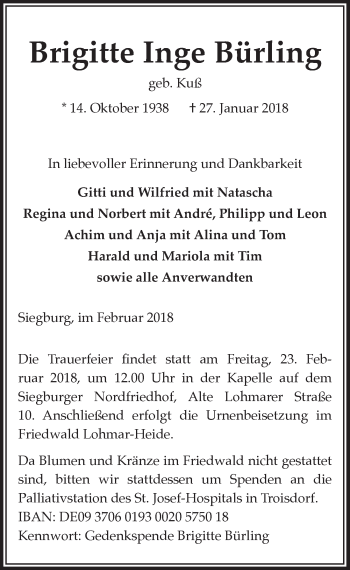 Anzeige von Brigitte Inge Bürling von  Extra Blatt 