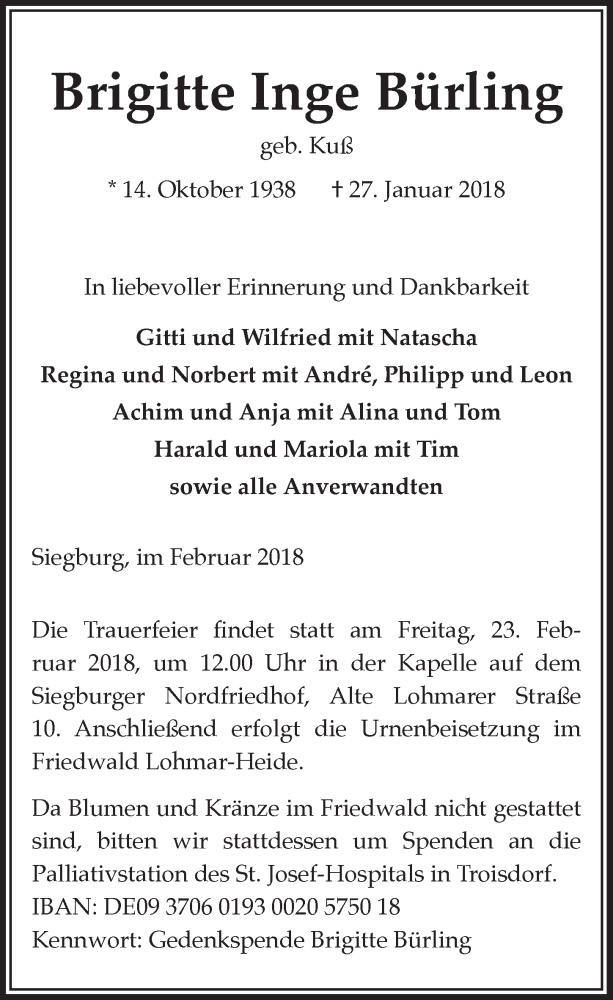  Traueranzeige für Brigitte Inge Bürling vom 21.02.2018 aus  Extra Blatt 