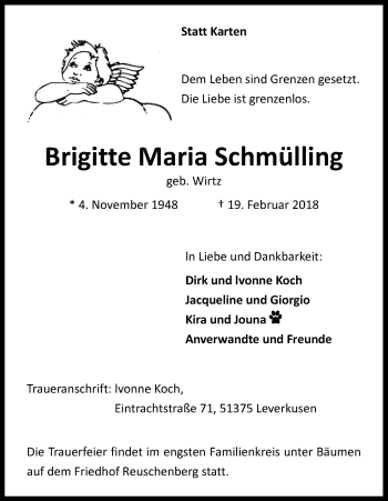 Anzeige von Brigitte Maria Schmülling von Kölner Stadt-Anzeiger / Kölnische Rundschau / Express