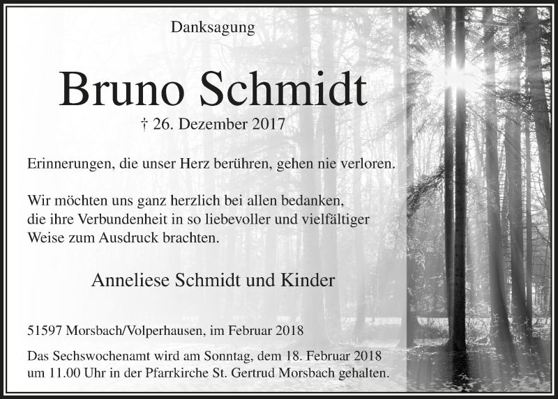  Traueranzeige für Bruno Schmidt vom 14.02.2018 aus  Lokalanzeiger 