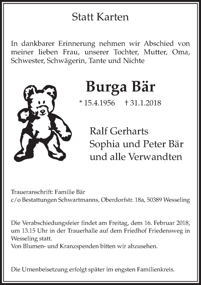  Traueranzeige für Burga Bär vom 14.02.2018 aus  Schlossbote/Werbekurier 