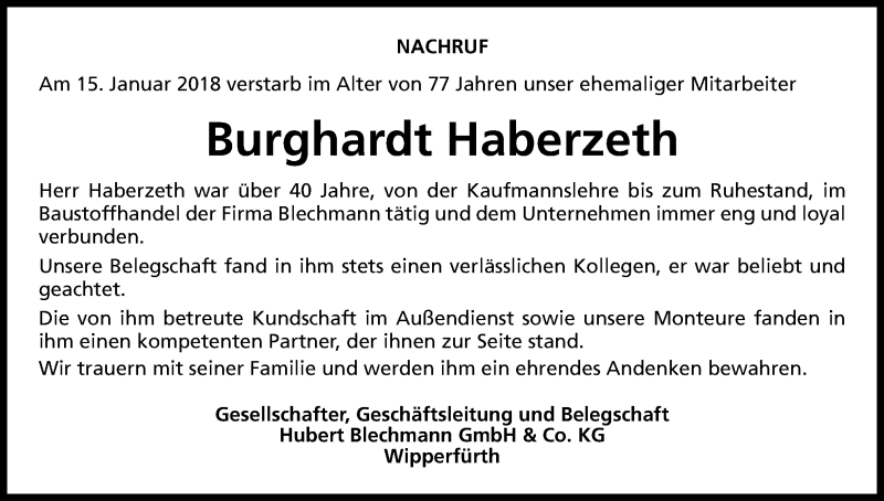 Traueranzeige für Burghardt Haberzeth vom 07.02.2018 aus Kölner Stadt-Anzeiger / Kölnische Rundschau / Express
