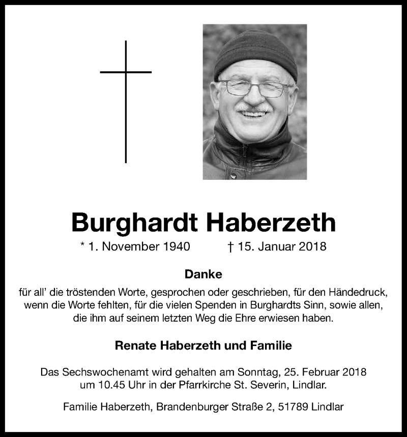  Traueranzeige für Burghardt Haberzeth vom 17.02.2018 aus Kölner Stadt-Anzeiger / Kölnische Rundschau / Express