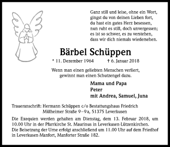 Anzeige von Bärbel Schüppen von Kölner Stadt-Anzeiger / Kölnische Rundschau / Express