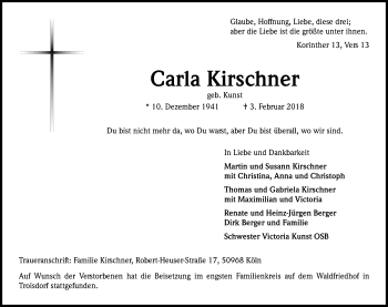 Anzeige von Carla Kirschner von Kölner Stadt-Anzeiger / Kölnische Rundschau / Express