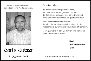 Anzeige von Carlo Kutzer von Kölner Stadt-Anzeiger / Kölnische Rundschau / Express