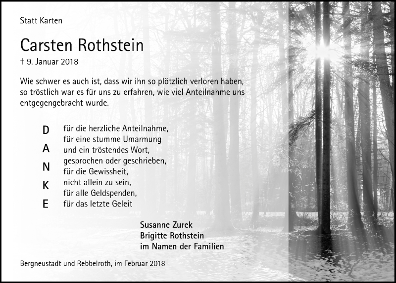  Traueranzeige für Carsten Rothstein vom 14.02.2018 aus  Anzeigen Echo 