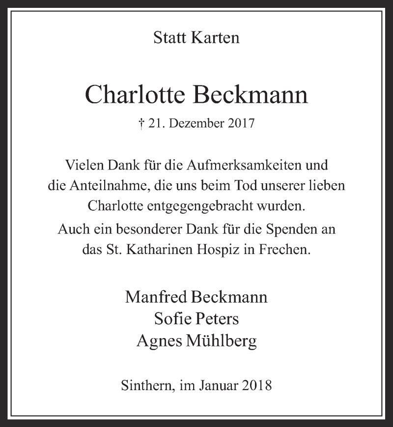  Traueranzeige für Charlotte Beckmann vom 31.01.2018 aus  Wochenende 