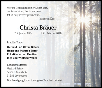 Anzeige von Christa Bräuer von Kölner Stadt-Anzeiger / Kölnische Rundschau / Express