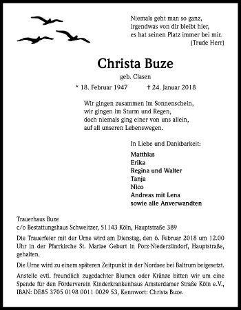 Anzeige von Christa Buze von Kölner Stadt-Anzeiger / Kölnische Rundschau / Express