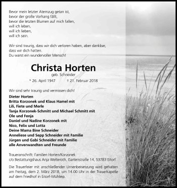 Anzeige von Christa Horten von Kölner Stadt-Anzeiger / Kölnische Rundschau / Express