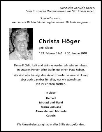 Anzeige von Christa Höger von Kölner Stadt-Anzeiger / Kölnische Rundschau / Express