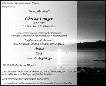 Anzeige von Christa Langer von Kölner Stadt-Anzeiger / Kölnische Rundschau / Express