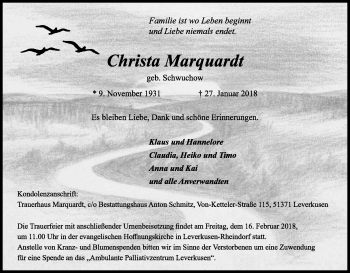 Anzeige von Christa Marquardt von Kölner Stadt-Anzeiger / Kölnische Rundschau / Express