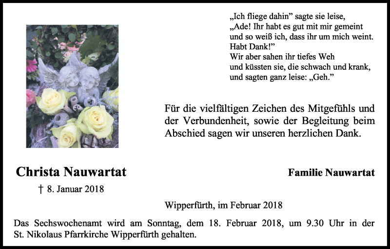  Traueranzeige für Christa Nauwartat vom 10.02.2018 aus Kölner Stadt-Anzeiger / Kölnische Rundschau / Express