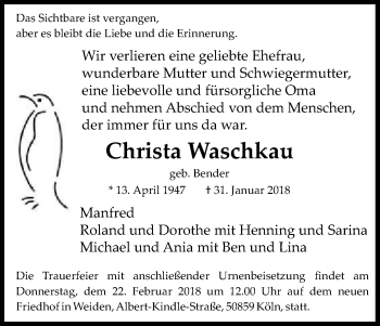 Anzeige von Christa Waschkau von Kölner Stadt-Anzeiger / Kölnische Rundschau / Express