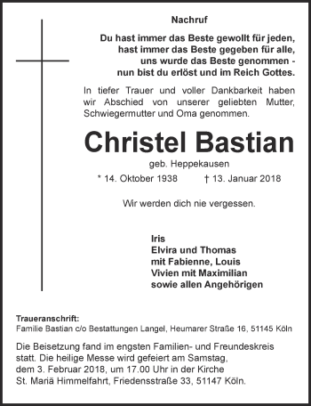 Anzeige von Christel Bastian von  Kölner Wochenspiegel 