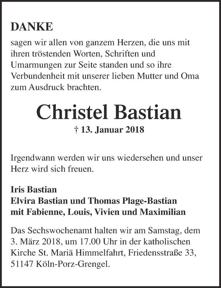  Traueranzeige für Christel Bastian vom 21.02.2018 aus  Kölner Wochenspiegel 