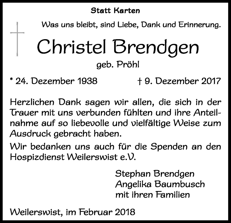  Traueranzeige für Christel Brendgen vom 24.02.2018 aus Kölner Stadt-Anzeiger / Kölnische Rundschau / Express