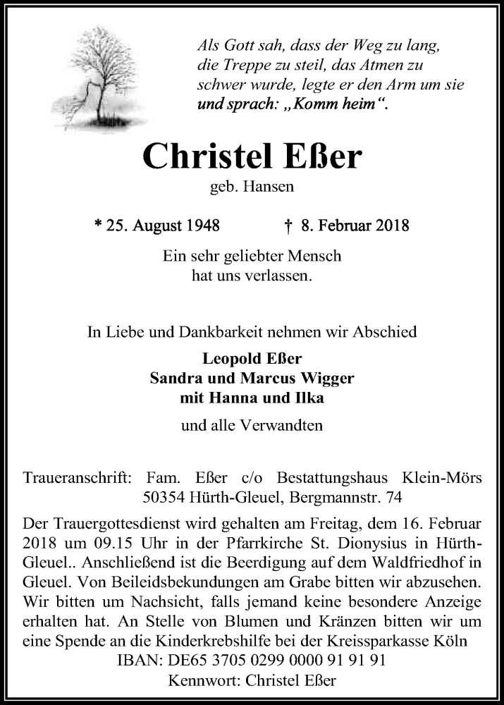  Traueranzeige für Christel Eßer vom 14.02.2018 aus Kölner Stadt-Anzeiger / Kölnische Rundschau / Express