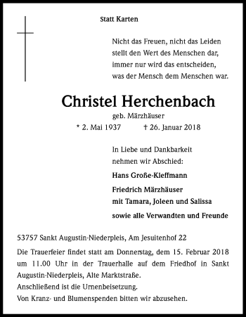Anzeige von Christel Herchenbach von Kölner Stadt-Anzeiger / Kölnische Rundschau / Express