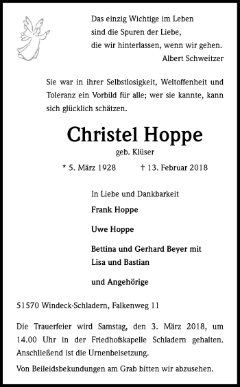 Anzeige von Christel Hoppe von Kölner Stadt-Anzeiger / Kölnische Rundschau / Express